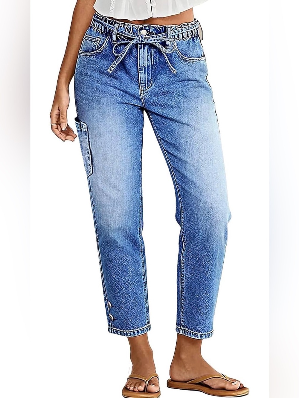 Flamingals Straight Leg Cropped Jeans Mid Rise Button Hem Belted Stretchy Baggy - Picture 2 of 7
